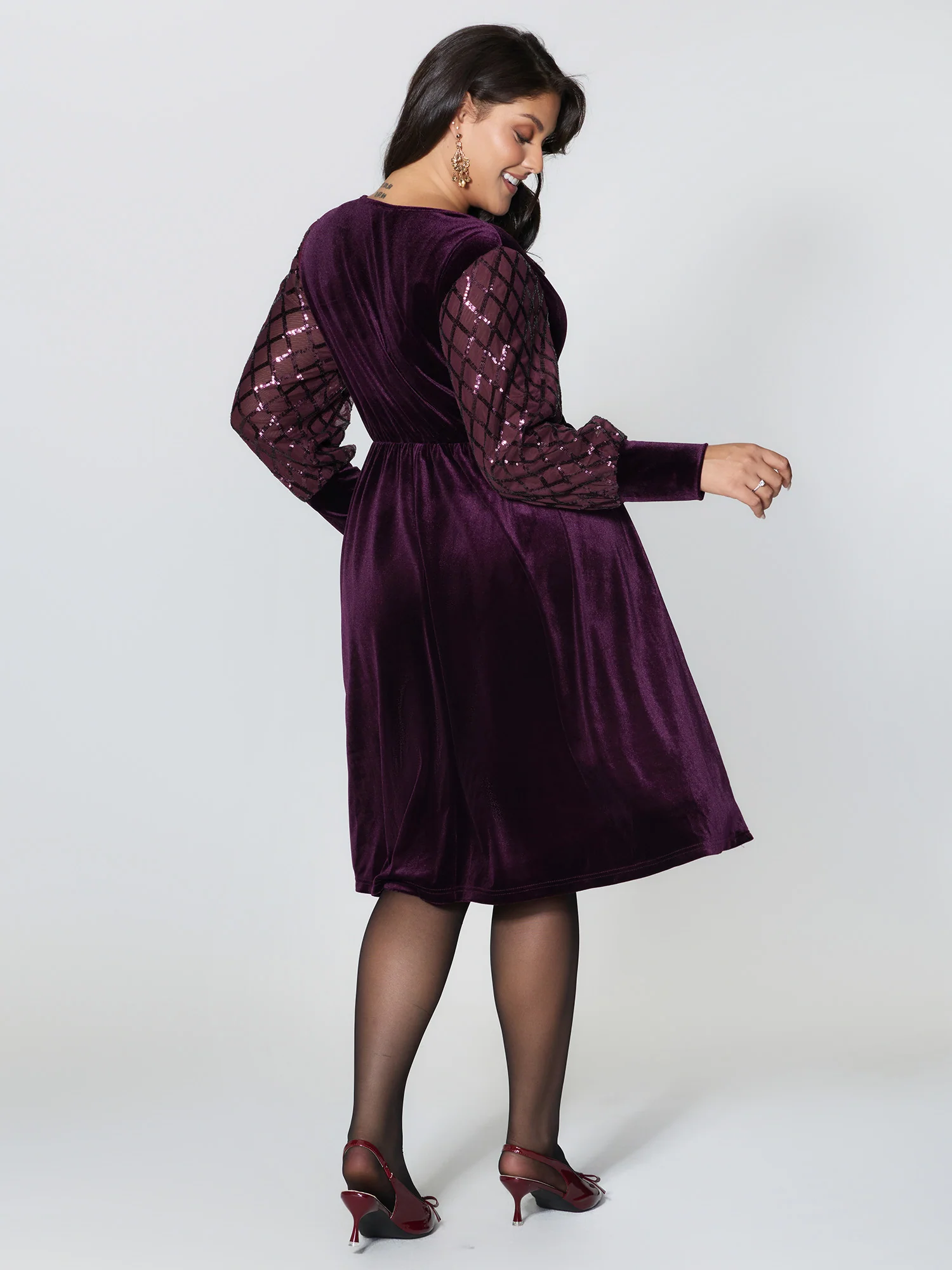 Velvet Sequin Sheer Sleeve Midi Dress - Image 4