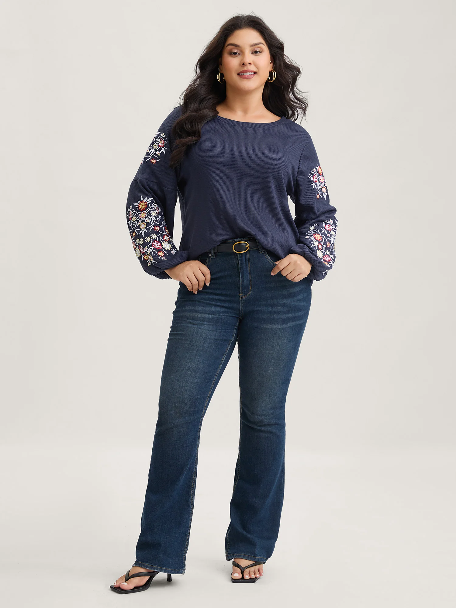 Waffle Knit Floral Embroidered Lantern Sleeve T-shirt - Image 10
