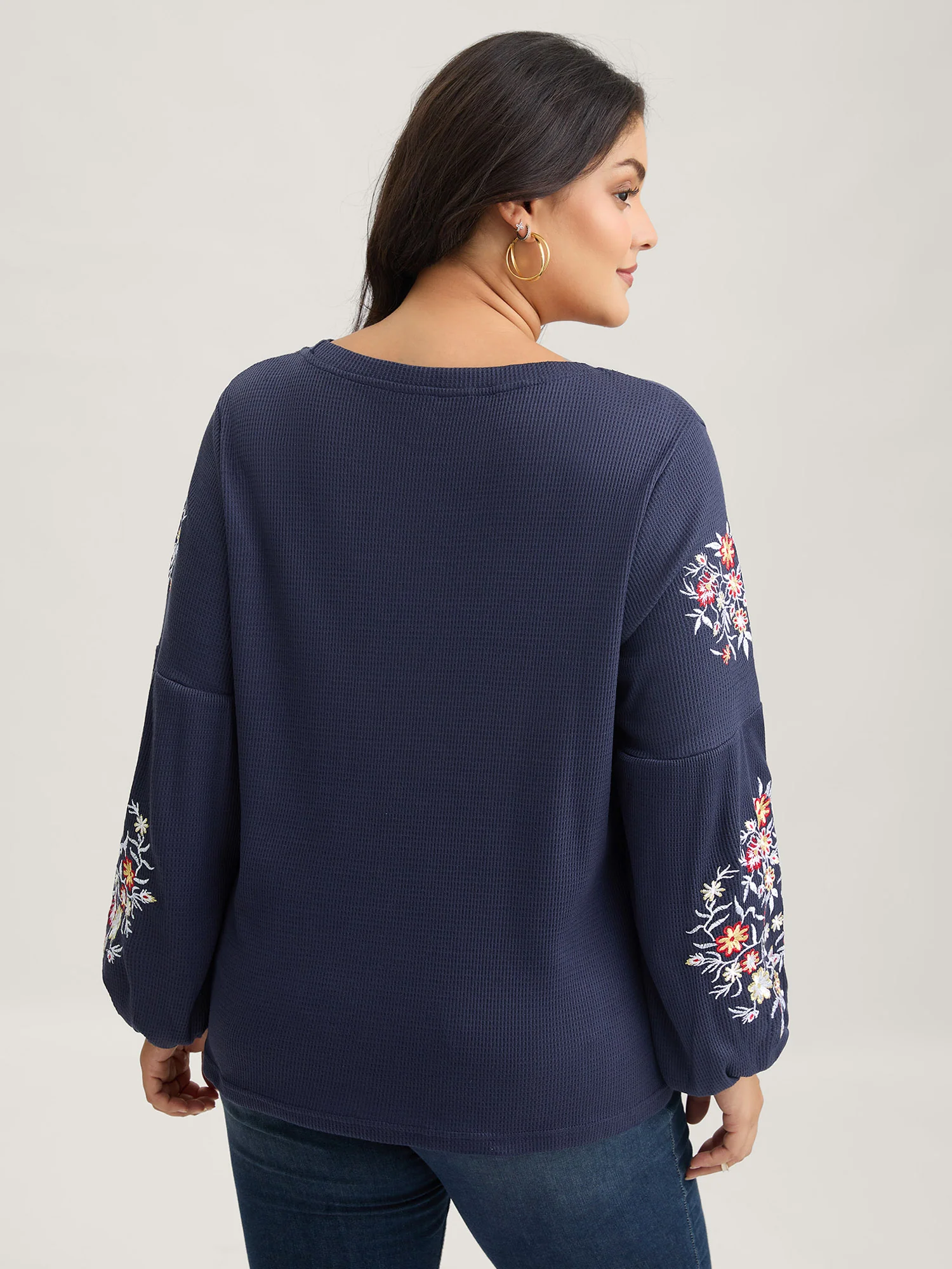 Waffle Knit Floral Embroidered Lantern Sleeve T-shirt - Image 11