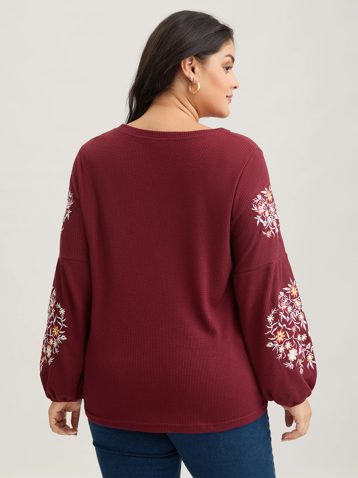 Waffle Knit Floral Embroidered Lantern Sleeve T-shirt - Image 16