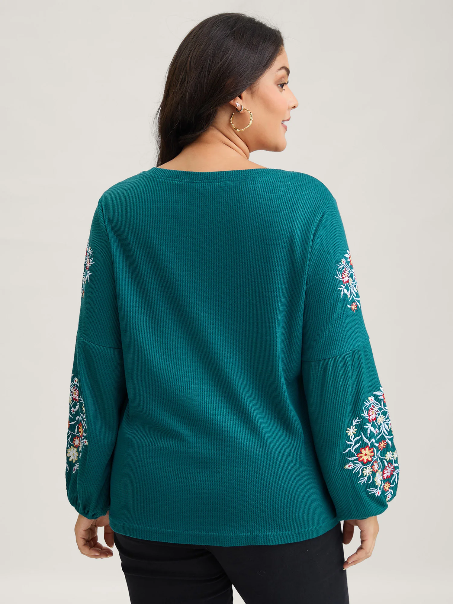 Waffle Knit Floral Embroidered Lantern Sleeve T-shirt - Image 20
