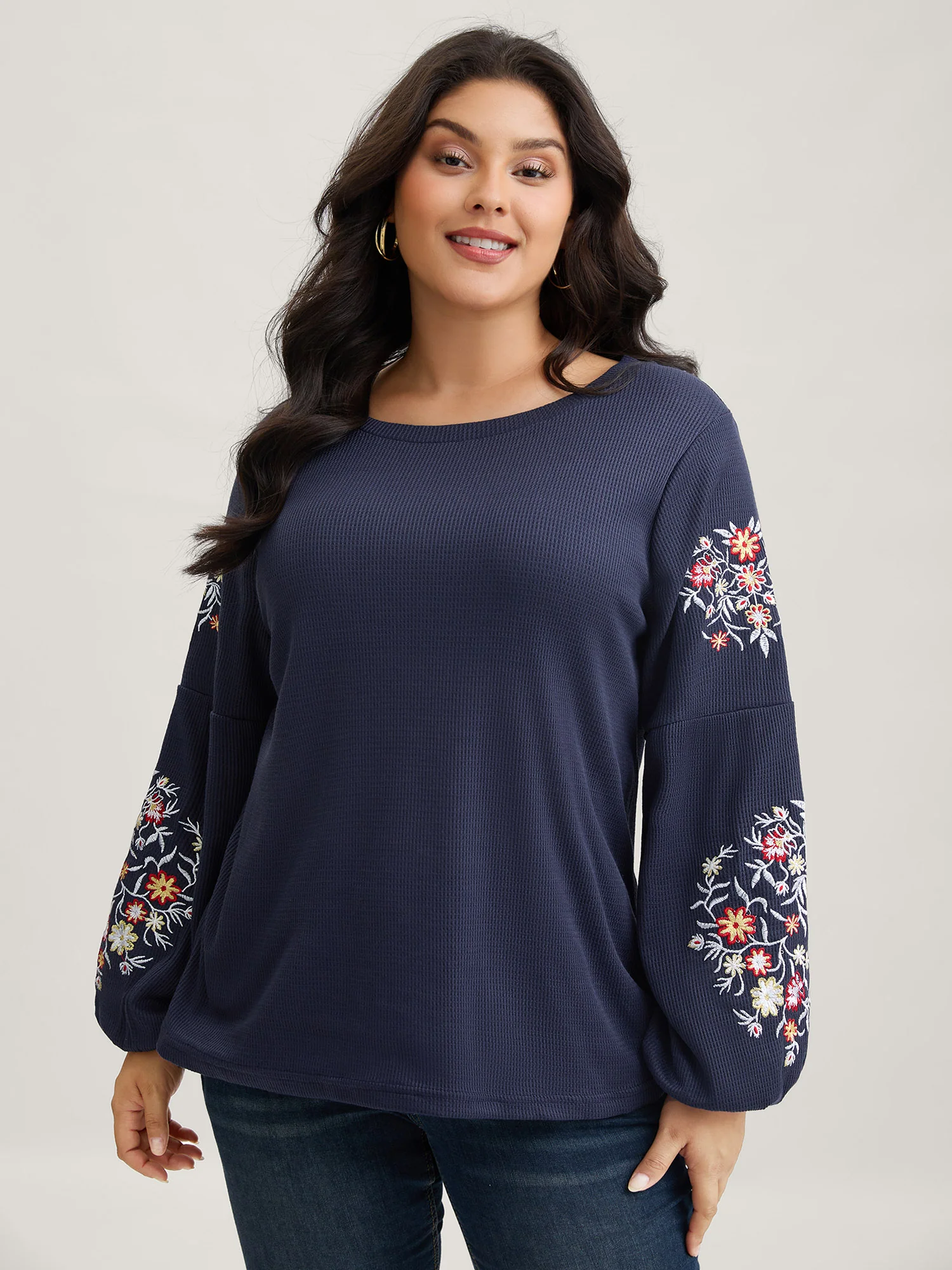 Waffle Knit Floral Embroidered Lantern Sleeve T-shirt - Image 8
