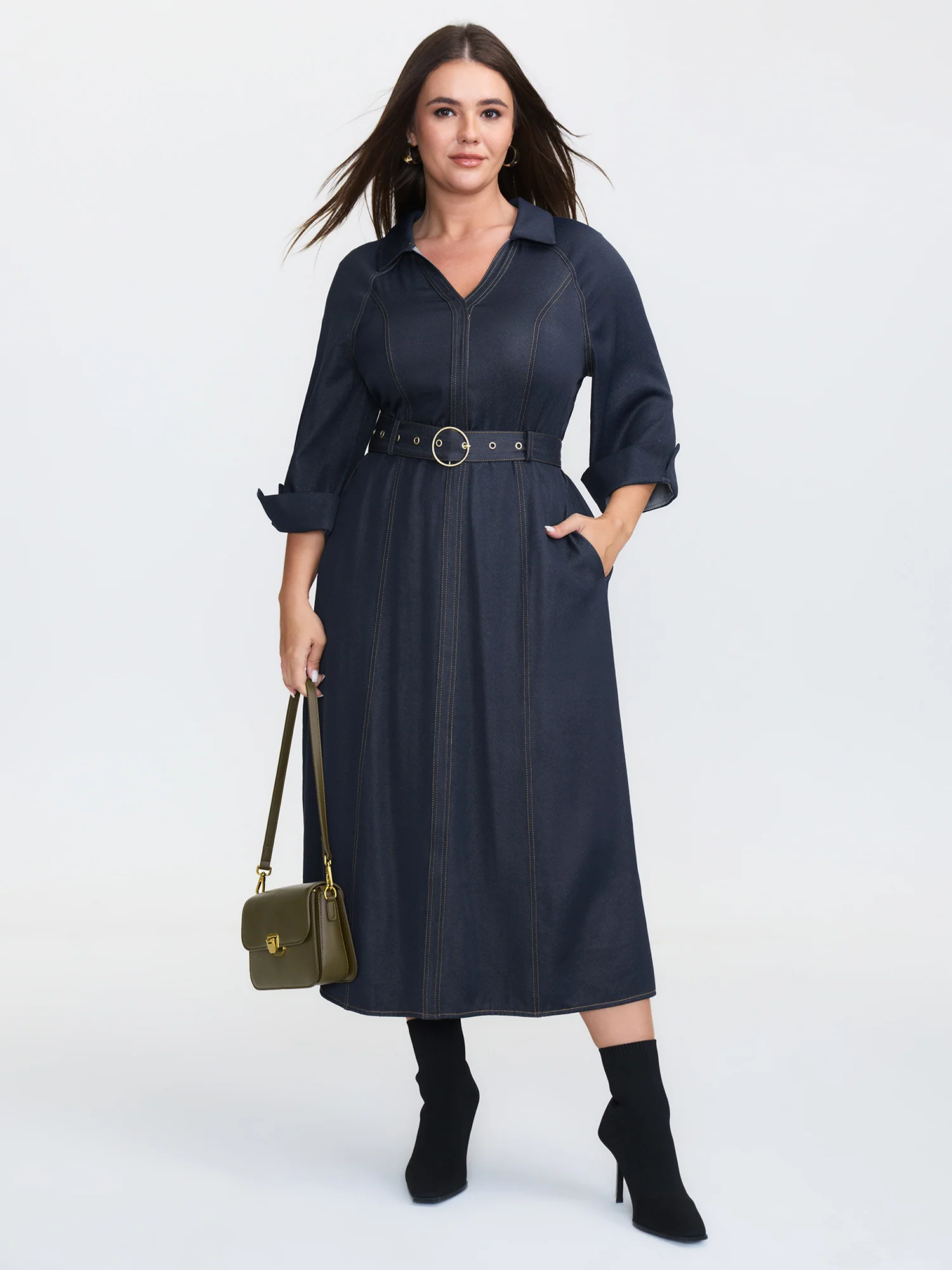 Wide Waist Belt Denim Midi Dress