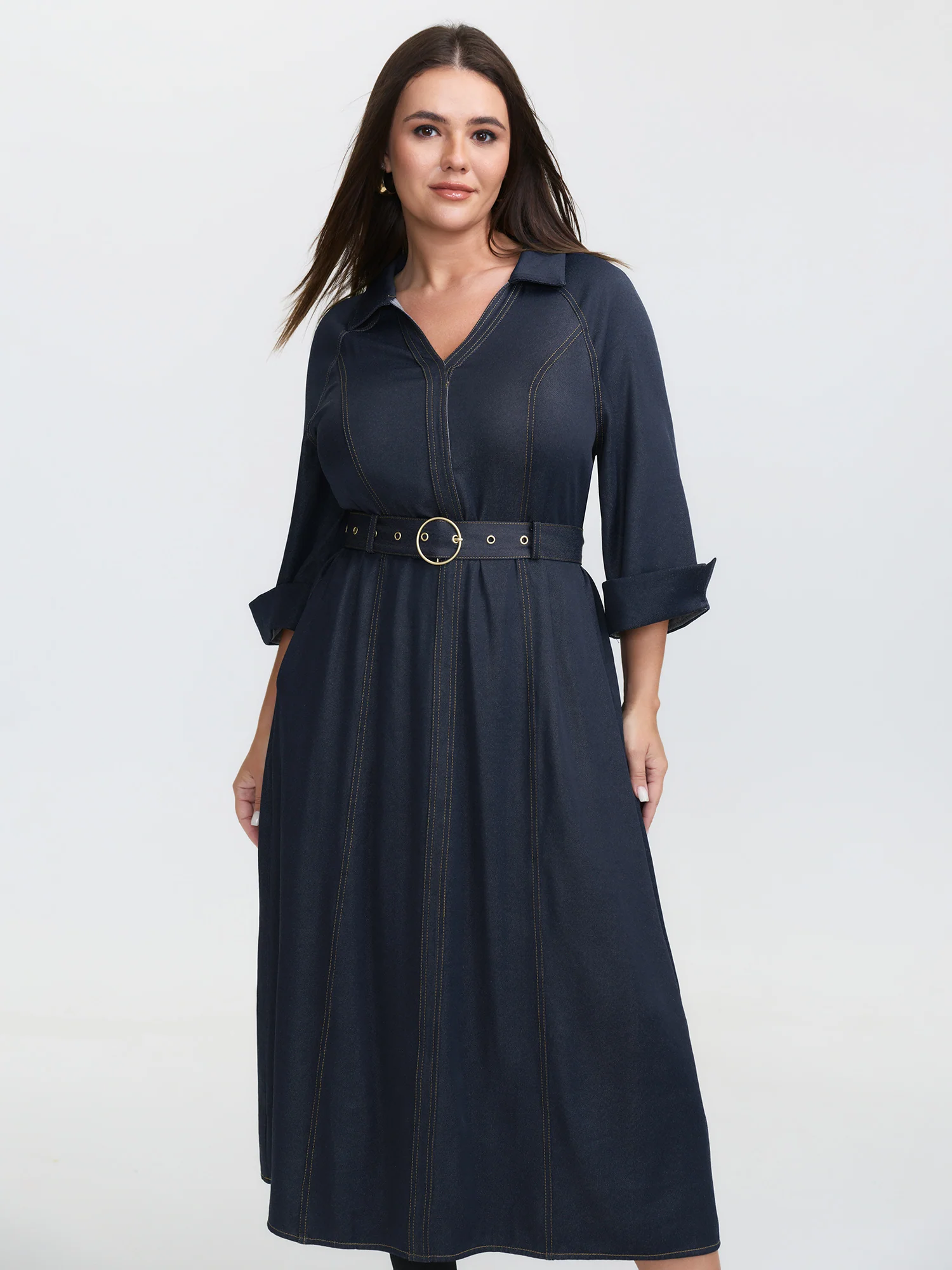 Wide Waist Belt Denim Midi Dress - Image 2